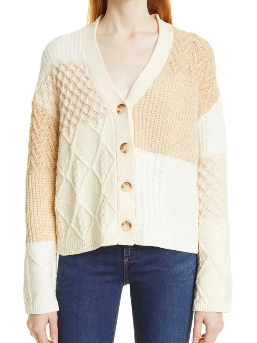 Rails Colorblock Cream & Beige Cable Knit Button-Front Cardigan Sweater-XL